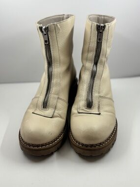 Front-Zip Cream Leather Ankle Boots for Women